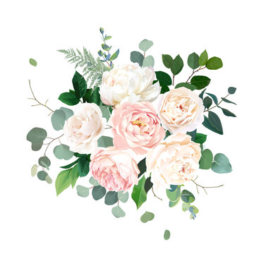 Dusty pink blush, white and creamy rose flowers vector design wedding bouquet.