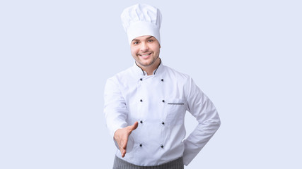 Chef Stretching Hand For Handshake Greeting Standing, White Background, Panorama