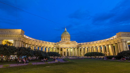 Kazan Cathedral Kazanskiy Kafedralniy Sobor in St. Petersburg during the White Nights in the summer timelapse