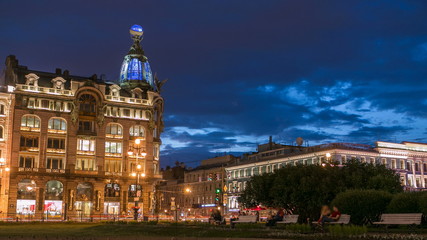 Fototapeta na wymiar Singer House at the Saint Petersburg night timelapse.