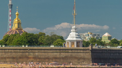 Beach near Peter and Paul Fortress across the Neva river timelapse, St. Petersburg, Russia
