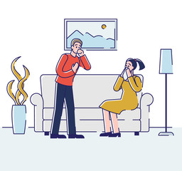 Health care and Common Cold Concept. Young Sick Man and Woman Are Sneezing. Ill People With Influenza Symptoms. Medical and Domestic Flu Treatment. Cartoon Outline Linear Flat Vector illustration