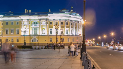 Fototapeta na wymiar Building of the Russian constitutional court timelapse near Monument to Peter I, building of library of a name of Boris Yeltsin, night illumination. Russia, Saint-Petersburg
