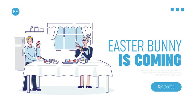Happy Easter Concept. Website Landing Page. Mother And Son Decorating Easter Eggs At Home. Process Of Preparing For the Holiday. Web Page Cartoon Outline Linear Flat Vector illustrations