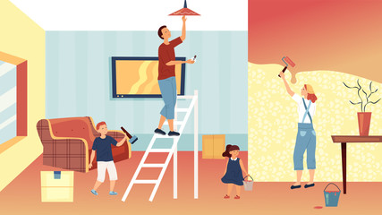 Concept Of Family Home Renovation. Father, Mother Daughter And Son Are Making A Repair At Home. Mother Is Painting Walls with Roller, Son and Daughter Help Parents. Cartoon Flat Vector Illustration