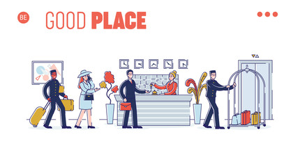 Hotel Service Concept. Website Landing Page. Receptionist Gives The Keys From Apartments To The Guest. Porters Are Carring Guests Luggage. Web Page Cartoon Outline Linear Flat Vector illustration