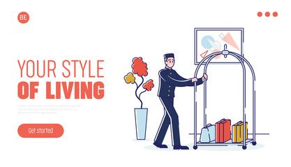 Hotel Service And Staff Concept. Website Landing Page. Porter is Carrying Luggage On the Trolley. Web Page Cartoon Outline Linear Flat Vector illustration