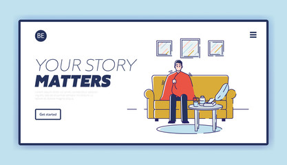 Health care and Common Cold Concept. Young Man Is Sitting At Home Wrapped In a Blanket With And Influenza Symptoms. Cartoon Outline Linear Flat Vector illustration