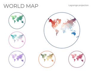 Low Poly World Map Set. Lagrange conformal projection. Collection of the world maps in geometric style. Vector illustration.