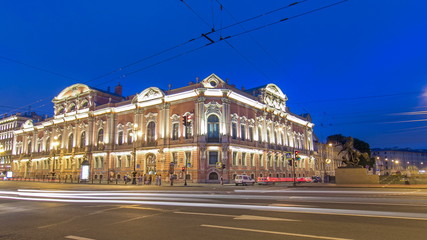 Fototapeta na wymiar Beloselsky-Belozersky Palace from Anichkov Bridge night timelapse , St. Petersburg, Russia