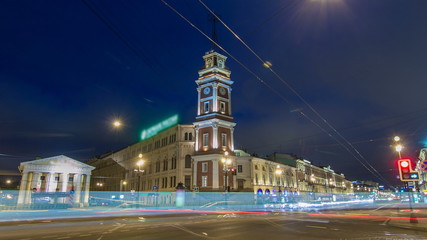 Night view to the City Duma tower at Nevsky avenue timelapse . ST. PETERSBURG, RUSSIA