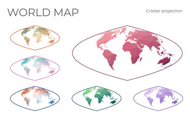 Low Poly World Map Set. Craster parabolic projection. Collection of the world maps in geometric style. Vector illustration.