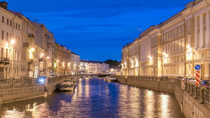 Night view of the Moyka River Quay with bridge timelapse. Saint Petersburg, Russia.