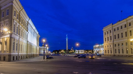 Palace Square and Alexander column timelapse  in St. Petersburg at night, Russia.