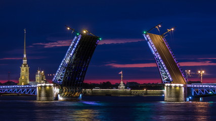 View of the open Palace Bridge timelapse, which spans - the spire of Peter and Paul Fortress