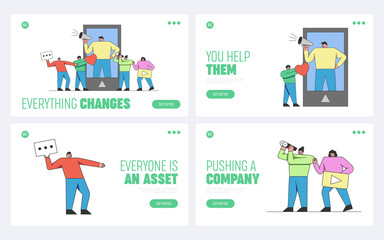 Social Media Marketing Concept. Website Landing Page. Creative People Looking For Ideas, Ways To Promote Materials In Social Networks.Set Of Web Pages Cartoon Outline Linear Flat Vector Illustrations