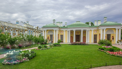 Antique gallery with sculptures and garden in the Catherine park timelapse, Saint-Petersburg.