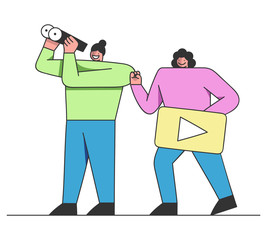 Social Media Marketing Concept. Creative People Looking For Ideas And Ways To Promote Content In Social Networks. Digital Marketing And Social Media. Cartoon Outline Linear Flat Vector Illustration