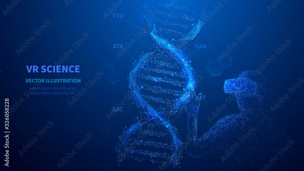 Poster Virtual reality medicine or science concept. Abstract man in VR touching on DNA virtual model. Low poly wireframe digital technology vector illustration. Futuristic polygonal art. Polygons and dots.