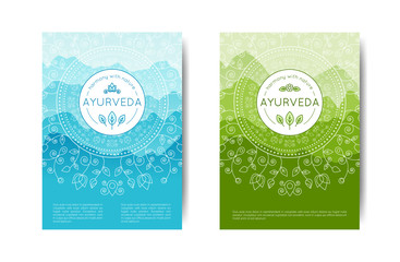 Vector Ayurveda illustration with covers set with text in gradient colors for use as template of presentation, advertisement ayurvedic shop, massage, website, yoga studio, alternative medicine center.