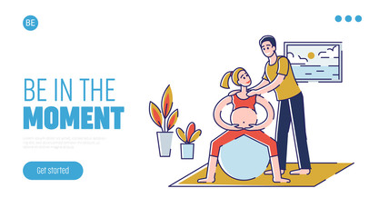 Concept Of Yoga For Pregnant, Sport Fitness Activities. Website Landing Page. Happy Couple Man and Pregnant Woman Visiting Parenting Classes. Web Page Cartoon Outline Linear Flat Vector Illustration