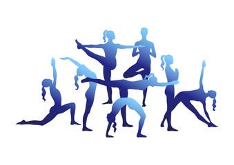 Fototapeta na wymiar Set of vector girls silhouettes in yoga asana in gradient color for design website, landing page, poster, banner. Isolated women in blue tones as illustration for Yoga day banner, fitness center.