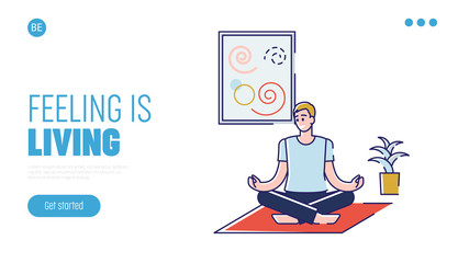 Concept Of Yoga, Healthy Lifestyle And Sport Fitness Activities. Website Landing Page. Man In Lotus Pose In The Gym Do Yoga And Meditation. Web Page Cartoon Outline Linear Flat Vector Illustration