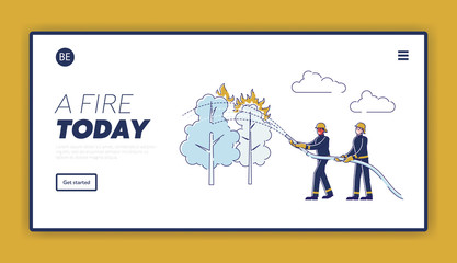 Firemen Fighting with Blaze at Burning Trees in Forest Website Landing Page. Firefighters Extinguish with Big Fire Spraying Water from Hose Web Page Banner. Cartoon Flat Vector Illustration, Line Art