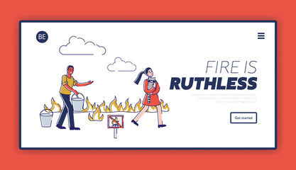Volunteers Bringing Water in Buckets Fight with Fire and Save Animals Website Landing Page. Firefighters Fighting with Blaze in Forest Web Page Banner. Cartoon Flat Vector Illustration, Line Art