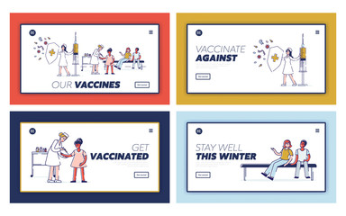 Fototapeta na wymiar Kids Ill Prevention, Healthcare Website Landing Page Set. Doctor Put Vaccine Injection to Child. Children Get Vaccination from Flu Disease Web Page Banner. Cartoon Flat Vector Illustration, Line Art