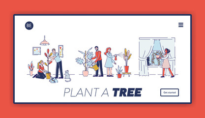 Naklejka na ściany i meble People Gardening at Home Website Landing Page. Happy Family Couple Homework with Plants, Caring of Flowers, Removing and Watering from Can Cartoon Flat Vector Illustration, Line Art Web Page Banner