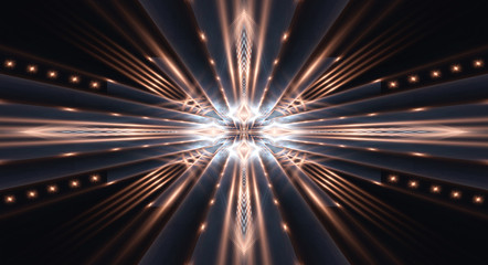 Dark abstract futuristic background. Neon lines glow. Neon lines, shapes. Multi-colored glow, blurry lights. Empty stage background. Dark blue background, yellow rays.