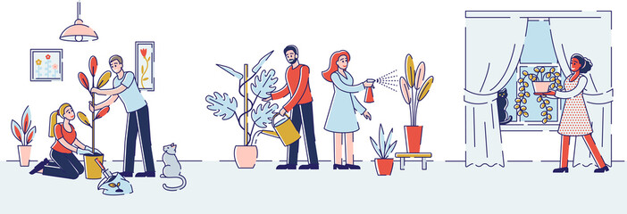 People Gardening at Home. Happy Family Couple Homework with Plants. Man and Woman Characters Caring of Flowers, Removing to another Pot, Watering from Can. Cartoon Flat Vector Illustration, Line Art