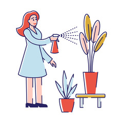 Woman Botanist Watering Home Plant in Flowerpot from Sprayer Bottle. Gardening Hobby, Character Care of Domestic Flower in Pot in Greenhouse or Orangery Cartoon Flat Vector Illustration, Line Art
