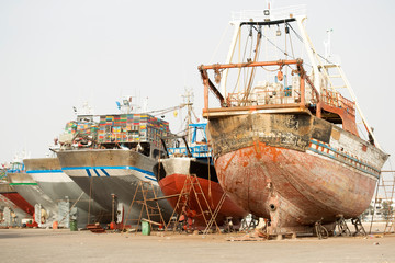 Essaouira port, boats, ships along the coast. Morocco 