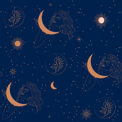 Fototapeta na wymiar Seamless pattern with woman, moon and stars in one line style. Astrology background. Editable vector illustration