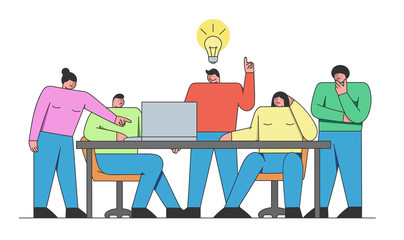 Brainstorming Concept. Creative People With Teamleader Is Thinking Of And Developing New Project Or Startup In the Office. Business People Collection. Cartoon Outline Linear Flat Vector Illustration