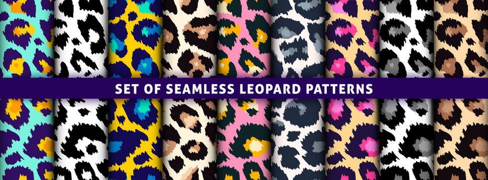 Trendy leopard seamless pattern set. Hand drawn fashionable wild animal skin color texture collection for print design, fabric, textile, wrapping paper, background, wallpaper. Vector illustration