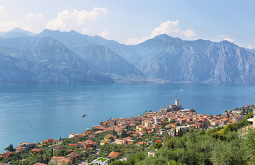 Fototapeta na wymiar Malcesine town and Garda lake aerial view, Italy