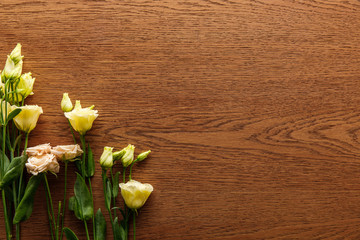 top view of blooming eustoma flowers on wooden background