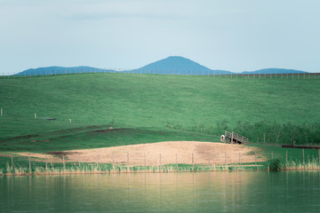 Lonely horse grazes on the lake against the backdrop of high mountains.