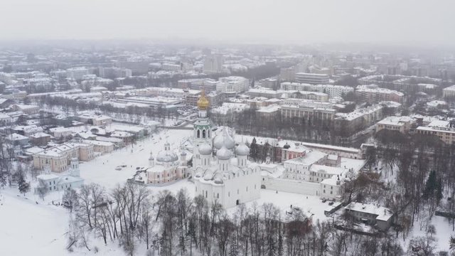 Vologda, Russia. February 2020. Aerial view Vologda Kremlin landmark. Winter season during snowfall.