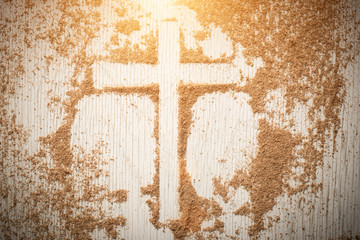Ash Wednesday cross, crucifix made of ash, dust as christian religion, Jesus, god, faith, holy,...