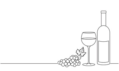 Wine glass, a bottle of wine and grapes. Still life. Sketch. Transparent line draw. Decor