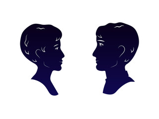 Young man and woman heads dark blue profiles silhouettes looking each other in the eyes, romantic date vector