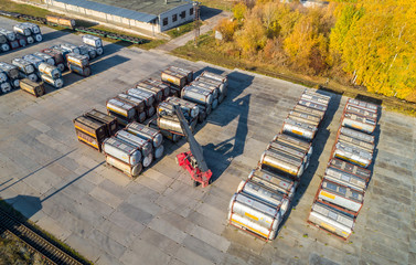 large street warehouse of tankers shooting from a height
