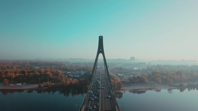 look down, two-way, camera movem]nt, cars, flow, river floating, straight down view, hanging, drone view, outdoor, truck, view from above, car bridge, car traffic, water, view, transportation, 