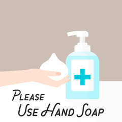 手洗い・消毒・除菌・感染予防イメージ素材：ハンドソープの利用を促すナチュラルブラウンのサイン（欧文表記