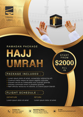 Islamic Ramadan Hajj & Umrah Brochure or Flyer Template Background Vector Design With praying hands and mecca Illustration in 3D realistic design.