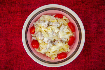 tasty Carbonara pasta on the table